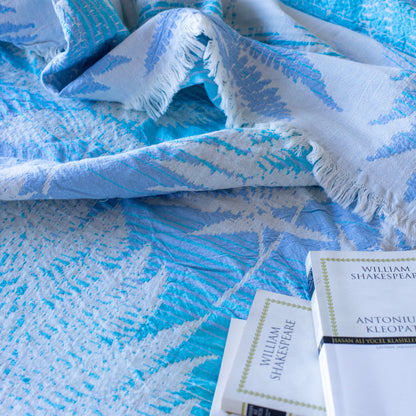 Palm Leaf Jacquard Embossed Woven Cotton Double Bedspread Blue 225x250 cm