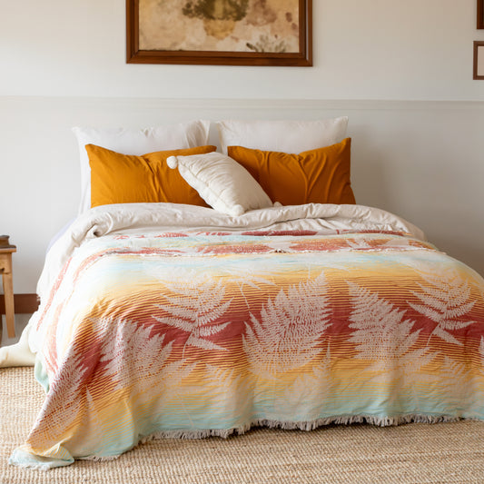 Palm Leaf Jacquard Embossed Woven Cotton Double Bedspread Colorful 225x250 cm