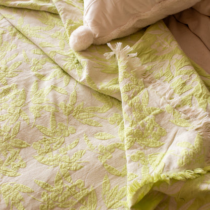 Flower Jacquard Embossed Woven Cotton Double Bedspread Green 225x250 cm