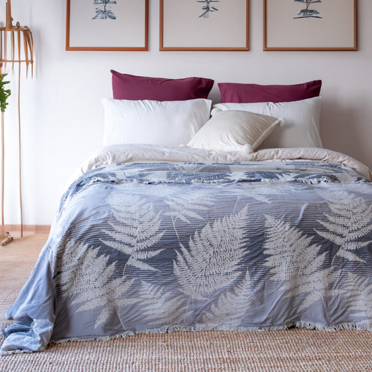 Palm Leaf Jacquard Embossed Woven Cotton Double Bedspread Gray 225x250 cm