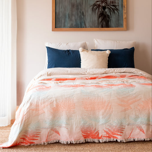 Palm Leaf Soft Jacquard Embossed Woven Cotton Double Bedspread 225x250 cm