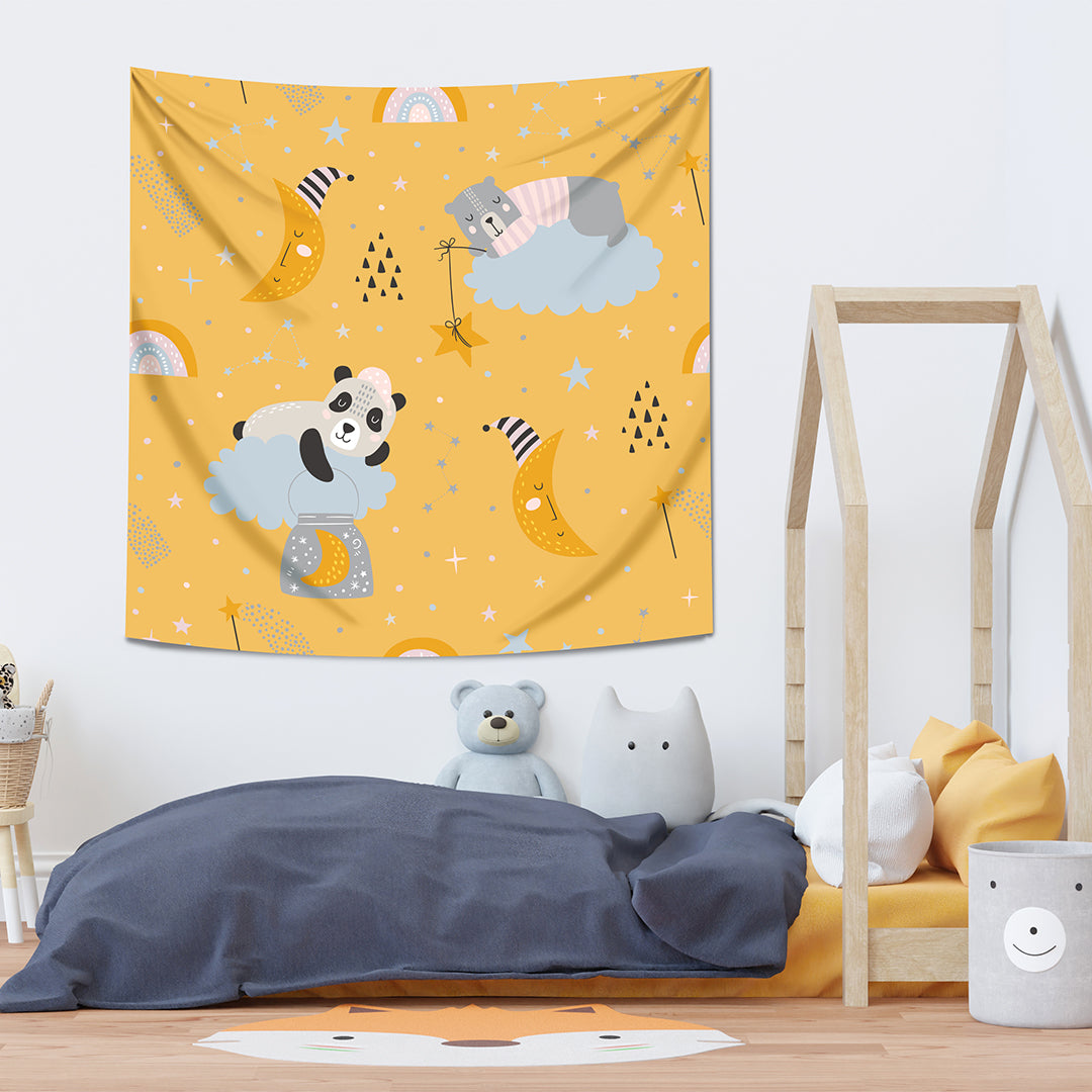 Sleepy Bear - Uykulu Ayı - 130cm x 130cm - Duvar Örtüsü - Çocuk Odası