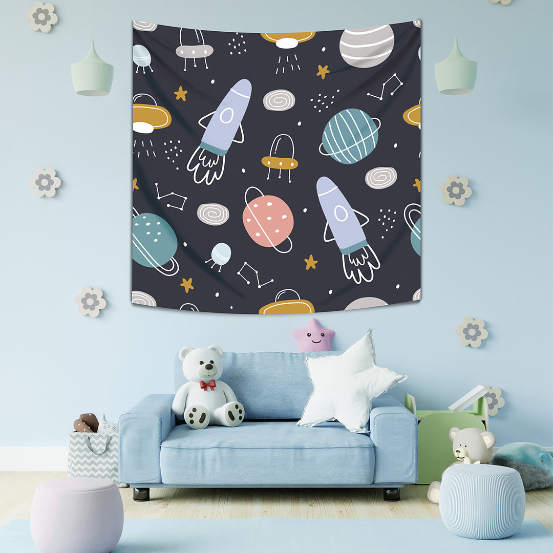 Space - Uzay - 130cm x 130cm - Duvar Örtüsü - Çocuk Odası