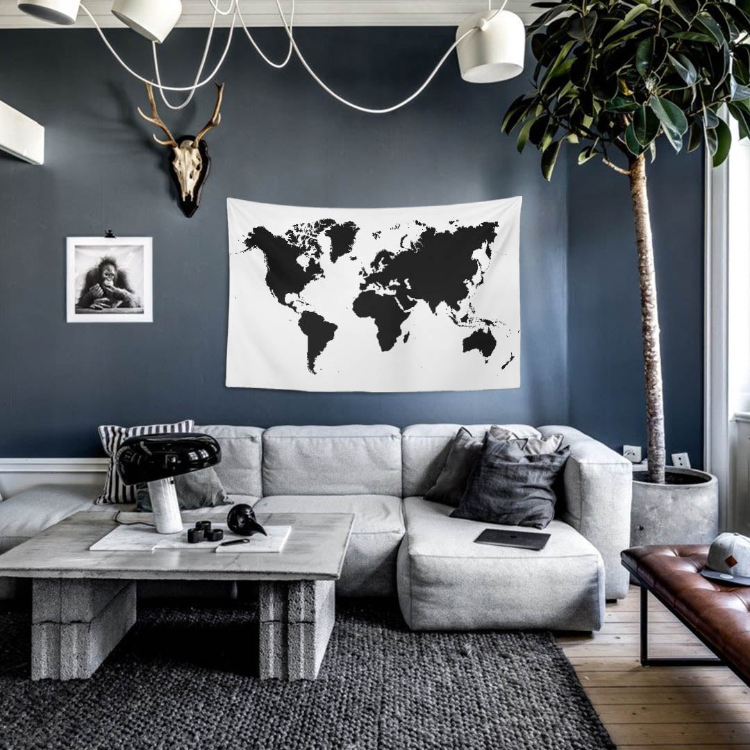 World Map Black - Siyah Dünya Haritası - Duvar Örtüsü - 150cm x 100cm